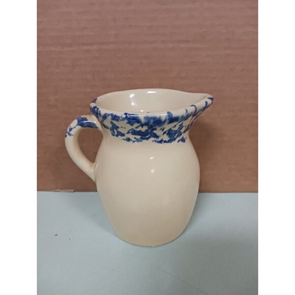 Vintage Robinson Ransbottom Pottery Blue Wheat Spongeware Stoneware 1pt Pitcher - Picture 5 of 7